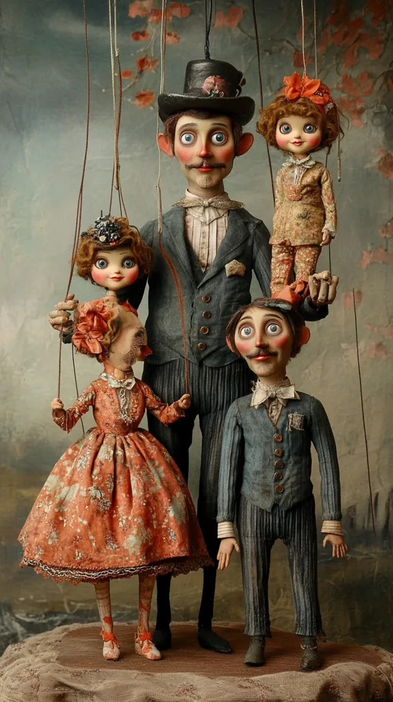 A captivating image showcases a family of intricately crafted marionettes.  The father, in a top hat and suit, stands prominently, holding his wife and two children. Each puppet is meticulously detailed, with expressive faces and period clothing. The muted color palette and aged background evoke a nostalgic and slightly melancholic atmosphere.  The strings subtly hint at their controlled movements, adding to the overall artistic charm.