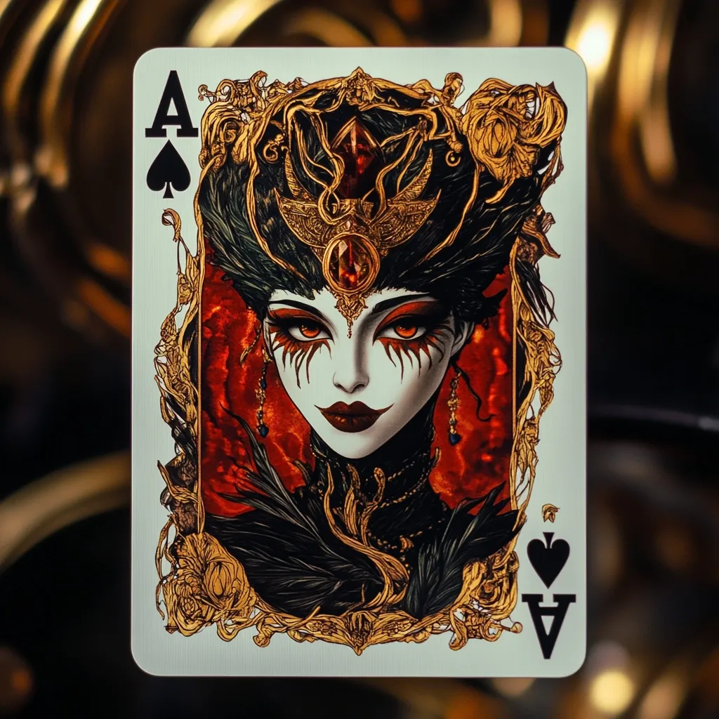 The image shows the Ace of Spades from a deck of playing cards.  The card features an intricately detailed illustration of a dark-haired woman with striking makeup, wearing an ornate headdress and dark, feathered clothing.  The background is a rich, fiery red and orange, framed by gilded, ornate details.  The overall style is gothic and luxurious.
