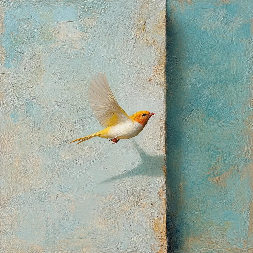 A painting depicts a small, yellow and white bird in flight, its wings outstretched.  The bird is positioned against a textured, pale blue background divided by a vertical line, creating two distinct sections of slightly different hues. The bird's shadow is cast onto the lighter side, adding depth to the composition. The overall style suggests realism with a focus on subtle textural details and muted colors.