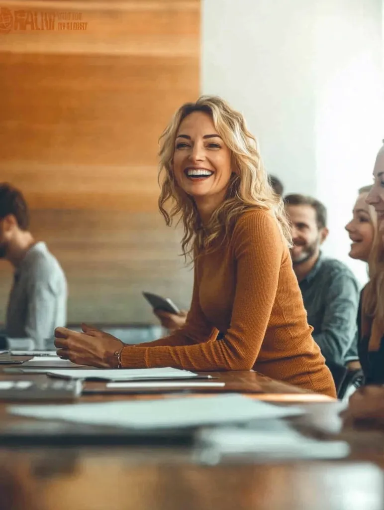 A woman with blonde hair smiles broadly while sitting at a long wooden table with colleagues.  She wears a mustard-colored sweater and is actively engaged in a meeting or collaborative session.  Other individuals, partially visible, are also seated at the table, suggesting a team or group setting in a modern office environment.  The atmosphere appears relaxed and positive.