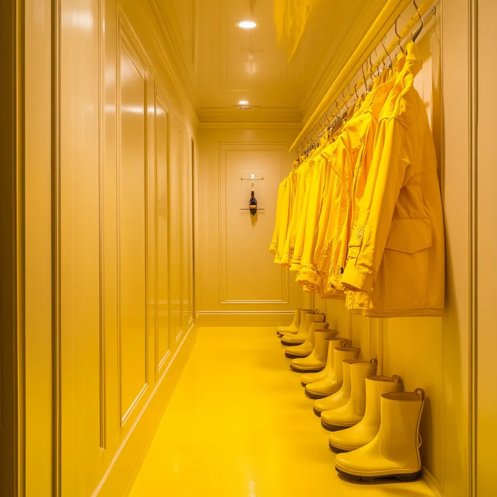 A vibrant yellow hallway features walls with paneled molding, a glossy yellow floor, and a row of matching yellow raincoats hanging on a rack.  Beneath the coats, a line of bright yellow rubber boots stands neatly aligned.  The monochromatic color scheme creates a striking and uniform aesthetic. A simple cross-shaped shelf with a dark bottle is mounted on the wall.