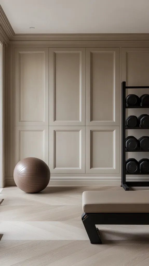 A minimalist home gym features light beige paneled walls, a herringbone wood floor, and a modern exercise bench.  A large brown exercise ball sits on the floor, and a black dumbbell rack stands against the wall, neatly organized.  The overall aesthetic is clean, calm, and sophisticated.