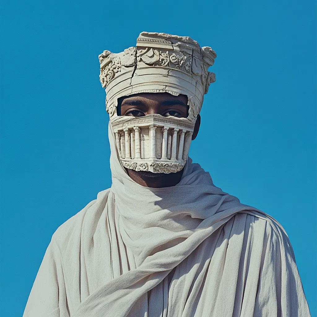 A person wears a large, intricately designed mask and headpiece, seemingly crafted from fragmented classical architecture.  The mask obscures their face, leaving only their eyes visible.  The individual is draped in a flowing, light-beige robe, creating a striking contrast against a vibrant blue sky.  The image juxtaposes ancient architectural elements with a contemporary subject, suggesting themes of history, culture, and identity.