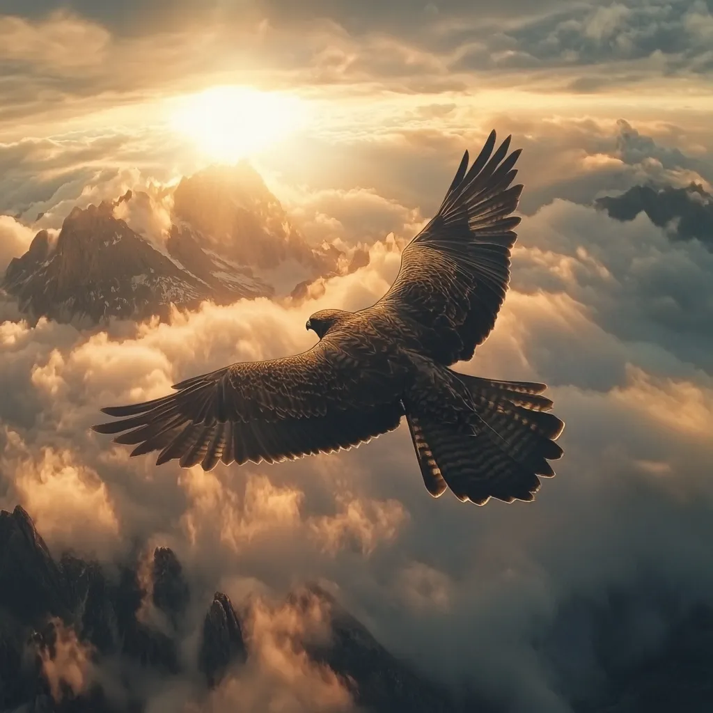 A majestic hawk soars through a breathtaking landscape, its wings spread wide against a backdrop of golden sunset clouds.  Mountains peak through the clouds below, bathed in the warm light. The scene evokes a sense of freedom, power, and the vastness of nature.  The hawk's silhouette is sharply defined against the luminous sky, creating a dramatic and awe-inspiring image.