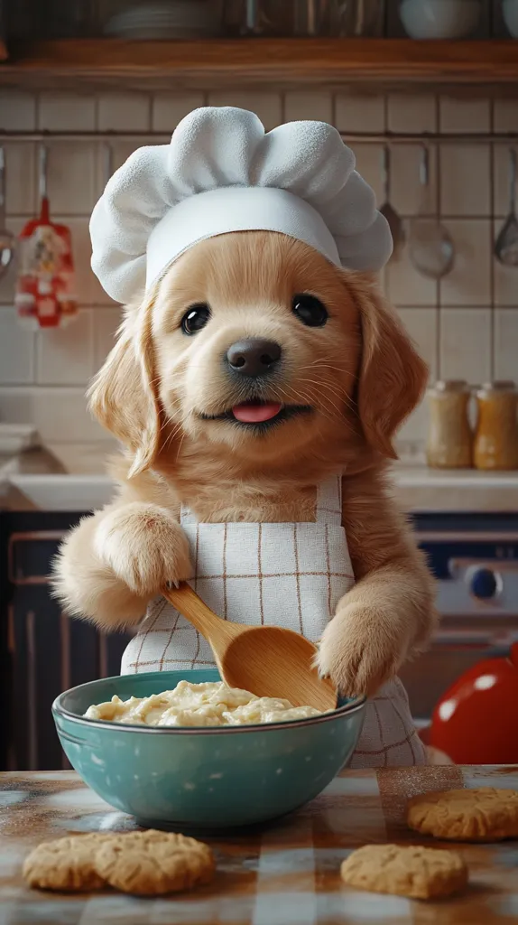 An adorable golden retriever puppy, wearing a chef's hat and apron, stirs a bowl of batter in a kitchen.  Its sweet expression and tiny paws holding a wooden spoon are endearing.  Baked cookies sit on the checkered countertop, hinting at a delicious treat soon to be enjoyed. The scene is warm and inviting, evoking feelings of home baking and canine companionship.