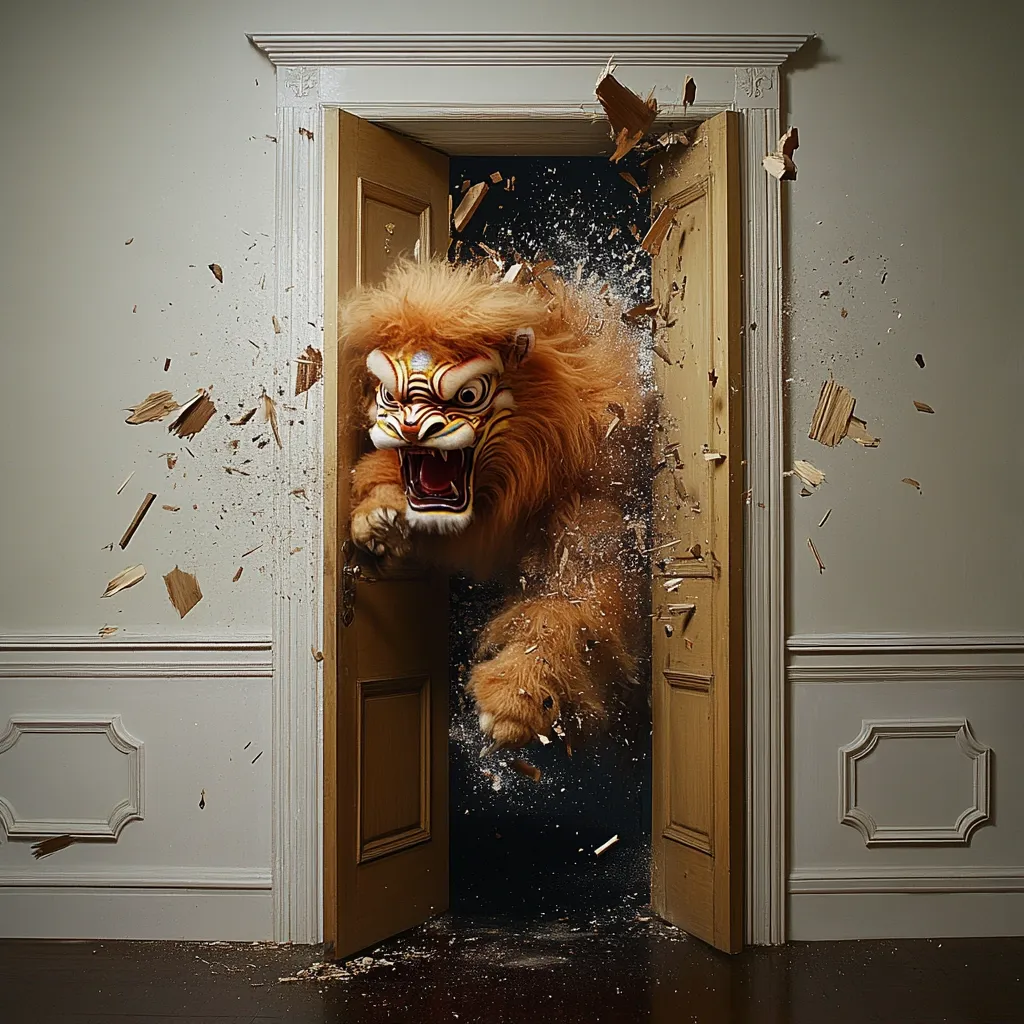 A lion-like creature bursts through a wooden door, splintering the wood into flying fragments.  The creature is large, with a shaggy mane and a painted mask-like face, its mouth open in a ferocious roar. The scene is dramatic, suggesting power and unexpected force. The background is a simple, elegant room, emphasizing the impact of the creature's entrance.