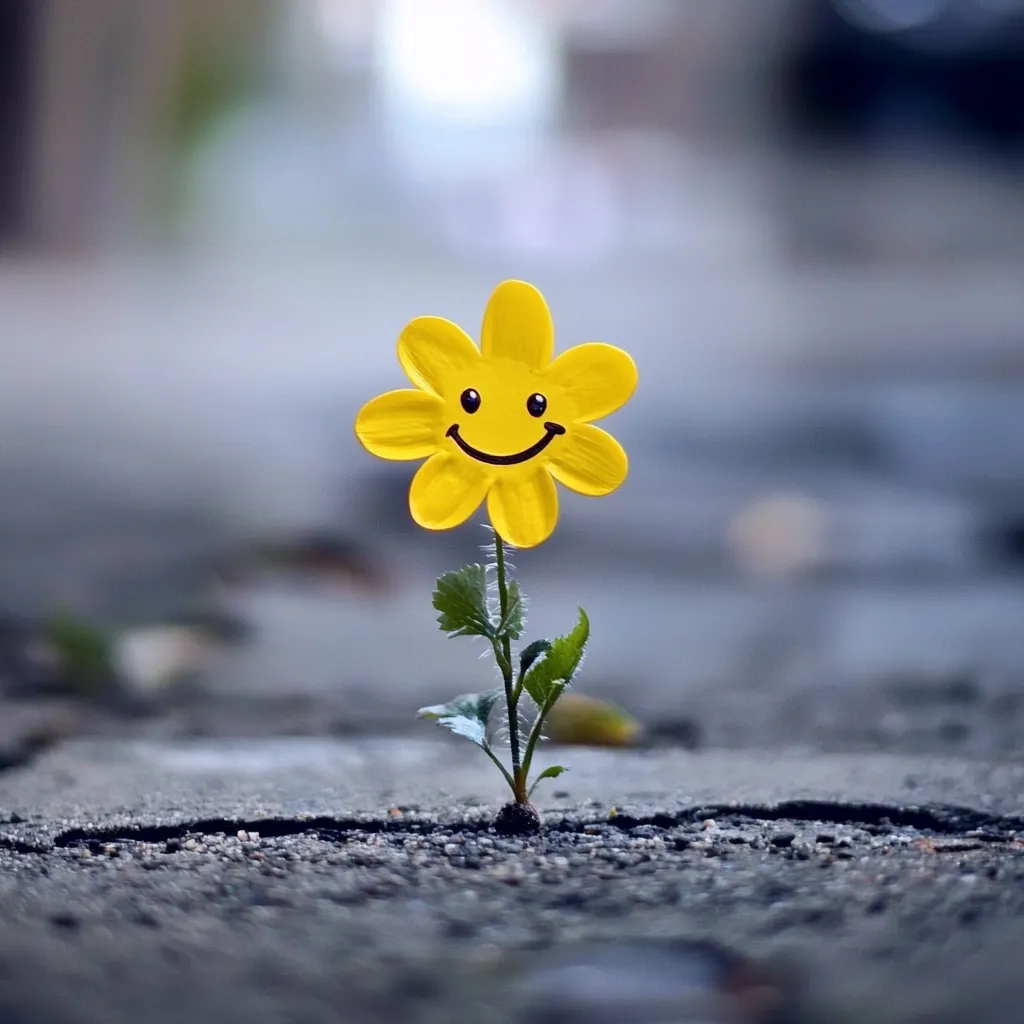 A small plant with a bright yellow flower shaped like a smiley face grows from a crack in the pavement.  The cheerful flower contrasts with the gray, rough texture of the street.  The background is blurred, emphasizing the tiny plant's resilience and optimistic spirit.  The image evokes feelings of hope and perseverance.