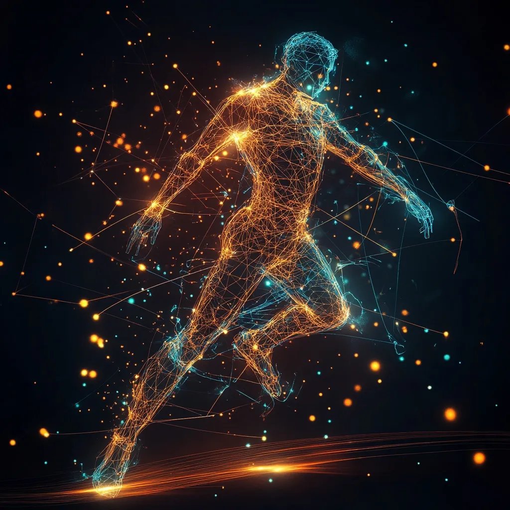 A dynamic digital artwork depicts a human figure in motion, rendered as a constellation of interconnected nodes and lines.  The figure, seemingly running or leaping, is composed of vibrant orange and blue light trails, creating a sense of speed and energy.  The dark background is speckled with smaller lights, enhancing the ethereal and futuristic aesthetic of the piece.  The overall impression is one of movement, technology, and human potential.