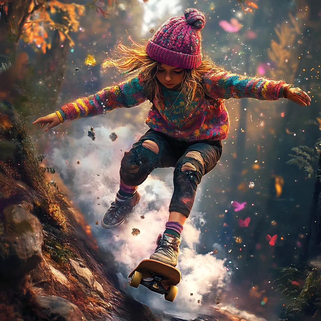 A young girl with long blonde hair, wearing a vibrant knitted sweater and pink beanie, dynamically leaps on her skateboard.  Surrounded by a magical, autumnal forest filled with swirling dust and butterflies, she showcases incredible skill and a whimsical spirit.  The image is stylized with a fantastical, dreamlike quality.