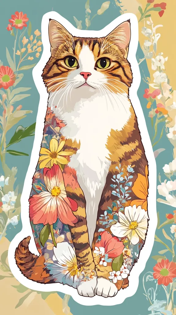 A calico cat sits serenely against a backdrop of vibrant floral patterns. The cat's fur is depicted with a whimsical, artistic style, appearing as if adorned with a colorful floral tattoo.  The illustration combines realistic feline features with fantastical floral embellishments, creating a captivating image.  The overall aesthetic is charming and slightly surreal.