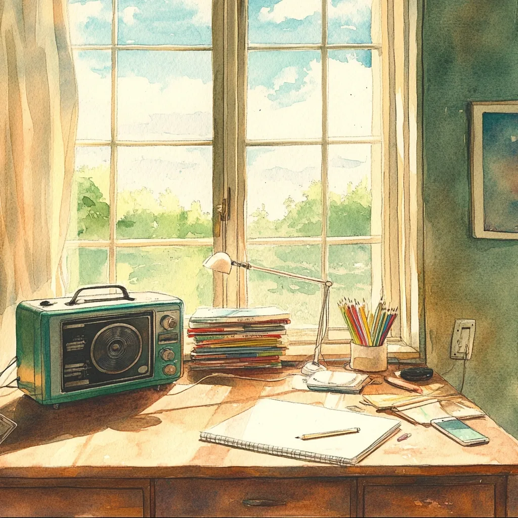 A watercolor painting depicts a sunlit desk by a window. A vintage teal radio sits beside a stack of books, and colored pencils are in a cup.  A sketchbook and pencil rest on the desk, along with a cell phone and some papers.  The window looks out onto a lush green landscape under a partly cloudy sky. The overall mood is serene and nostalgic.