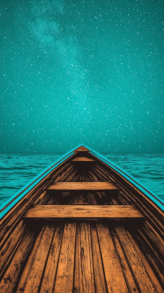 A wooden boat glides across a teal sea under a vibrant turquoise night sky brimming with stars.  The perspective is from the boat's bow, offering a view of the tranquil water and the celestial expanse above. The rich, dark wood contrasts beautifully with the bright, almost surreal, colors of the sky and water, creating a serene and slightly mystical atmosphere.