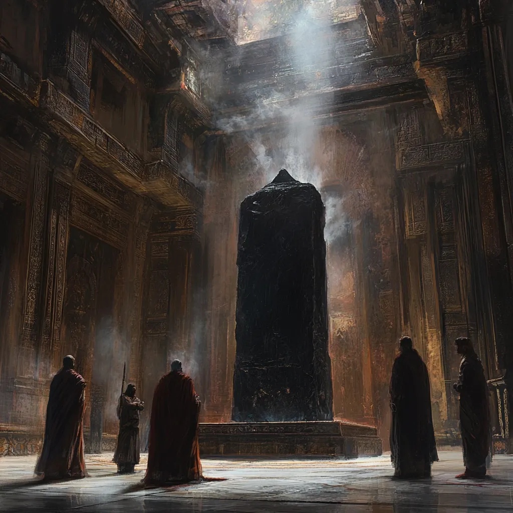 A dark, ancient hall, possibly a temple, features a large, black obelisk at its center.  Smoke or incense rises from the stone, illuminating the scene in a dim, ethereal light. Four cloaked figures stand before it, their faces obscured, suggesting reverence or mystery surrounding the obelisk.  The architecture is ornate, showing signs of age and decay, adding to the overall atmosphere of somber solemnity.