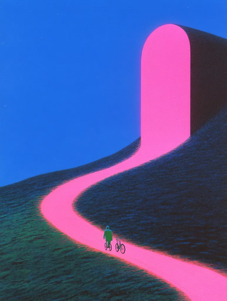 A surreal landscape features a vibrant pink path winding up a hill towards a large, glowing pink archway against a deep blue sky. A lone figure on a bicycle travels the path, creating a sense of journey and mystery. The artwork's style is digitally painted, with a focus on bold colors and smooth textures, evoking a dreamlike atmosphere.  The scene is both peaceful and slightly unsettling, suggesting a path toward the unknown.
