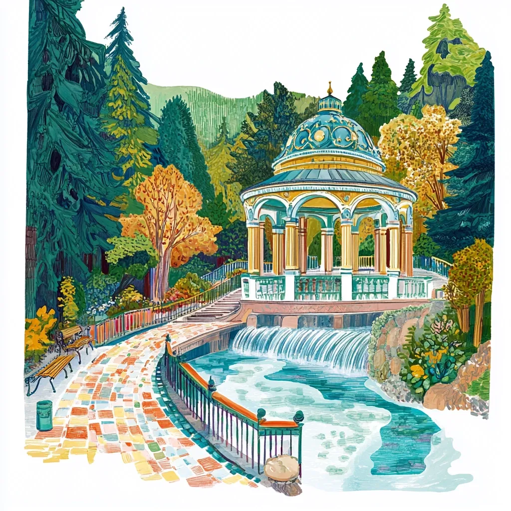 A vibrant illustration depicts a picturesque park scene. A charming gazebo with a teal dome and yellow columns sits beside a cascading waterfall, flowing into a tranquil pool.  A colorful, paved pathway winds through lush greenery, including vibrant autumnal trees and evergreen conifers. Benches line the path, offering peaceful spots to enjoy the serene setting.  The overall style is reminiscent of a whimsical, detailed painting.