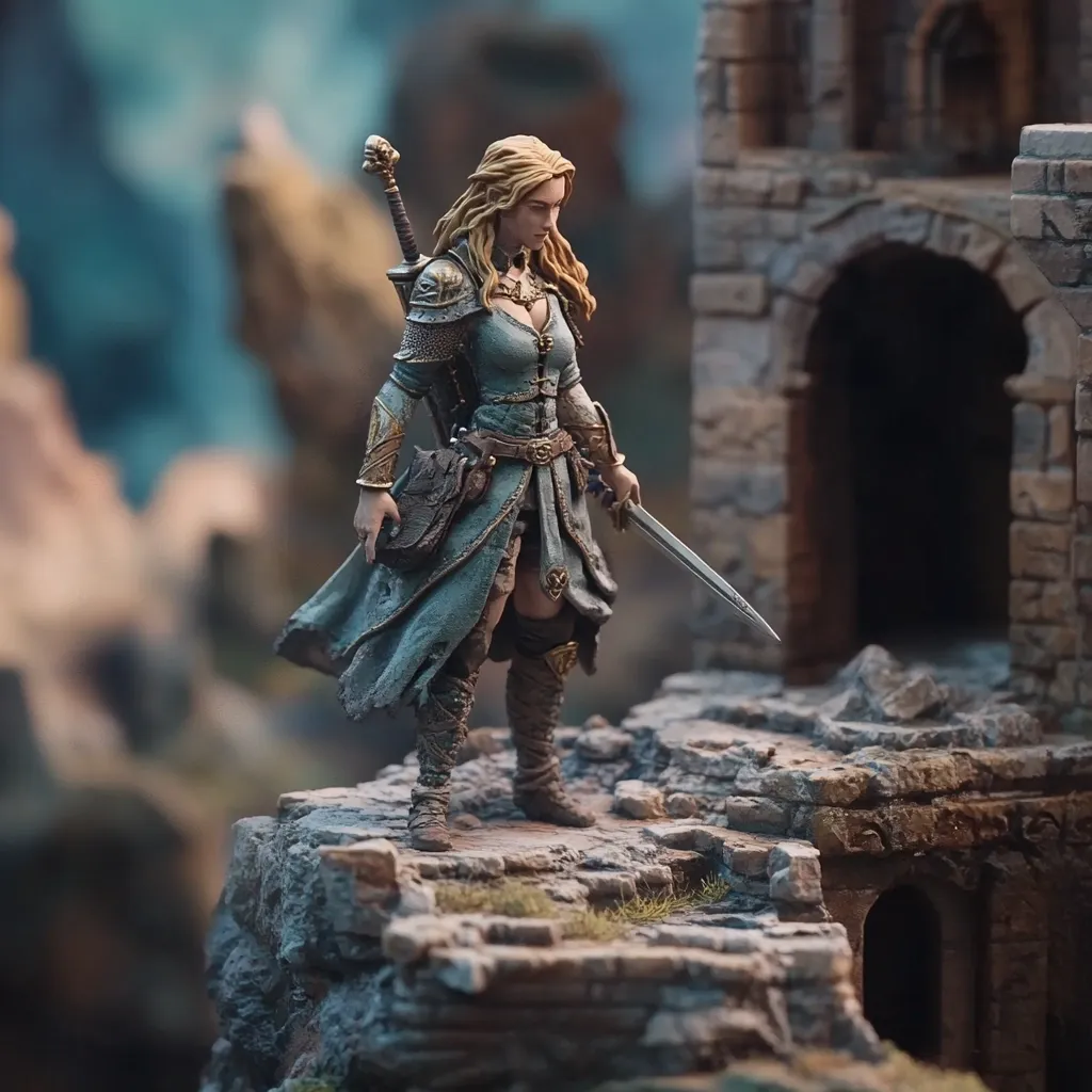 A meticulously crafted miniature depicts a female warrior, clad in a weathered blue and gold tunic and armor.  She stands atop a crumbling stone ruin, a sword sheathed at her hip.  Her blonde hair cascades down her shoulders, and her expression is one of quiet determination. The miniature showcases impressive detail, from the texture of her clothing to the intricate design of her weaponry.  The background suggests a fantasy setting.
