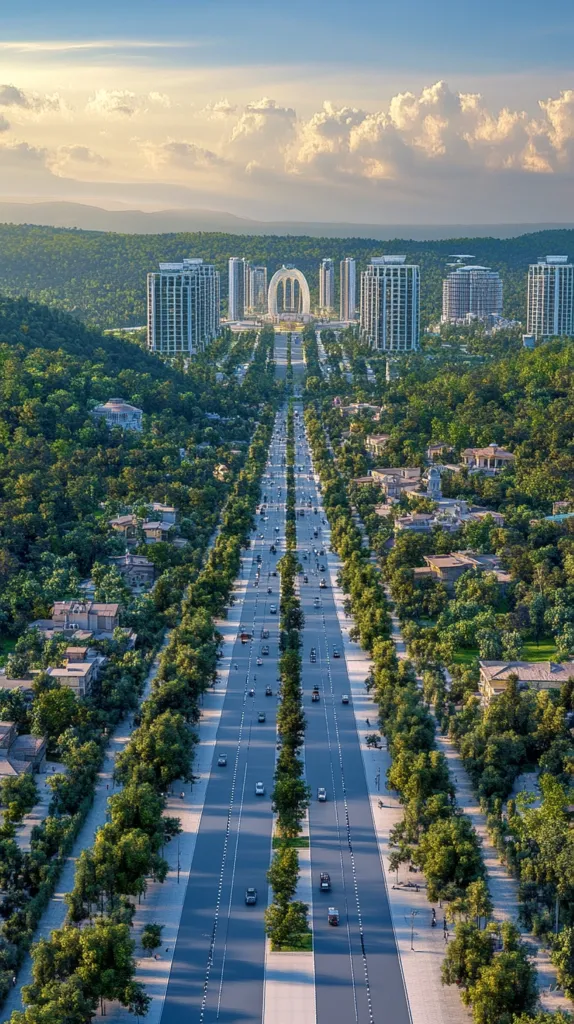 An aerial view showcases a meticulously planned city. A wide, tree-lined boulevard stretches from a grand, arch-shaped monument, connecting modern high-rise buildings to residential areas nestled within lush greenery. The cityscape seamlessly integrates urban development with natural landscapes, creating a harmonious and visually striking urban design.  The overall impression is one of order, elegance, and sustainability.