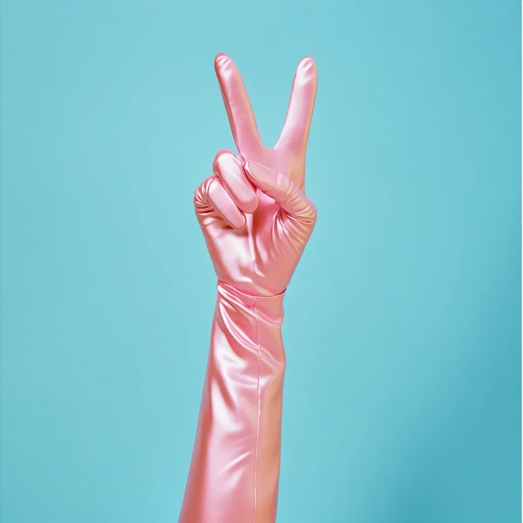 A hand wearing a long, pink satin glove displays the peace sign against a light blue background. The glove is shiny and smooth, and the hand is elegantly posed. The image is simple yet striking, creating a visually appealing contrast between the soft glove and the bold gesture.  The overall aesthetic is minimalist and modern.