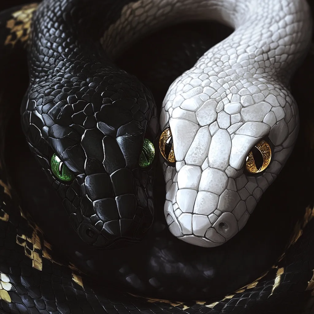 A close-up depicts two snakes intertwined, forming a yin-yang symbol. One snake is black with green eyes, while the other is white with gold eyes.  Their scales are meticulously detailed, and their heads are positioned closely together, creating a visually striking image of balance and duality. The dark background enhances the contrast between the snakes.
