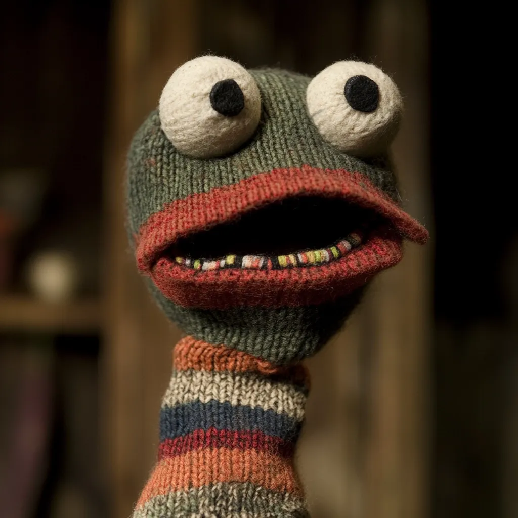 Close-up of a knitted sock puppet with large, expressive eyes.  The puppet's mouth is open, revealing a row of knitted teeth. It wears a striped scarf, and its overall appearance is whimsical and slightly quirky. The background is blurred, focusing attention on the puppet's detailed features. The texture of the knitted fabric is clearly visible.