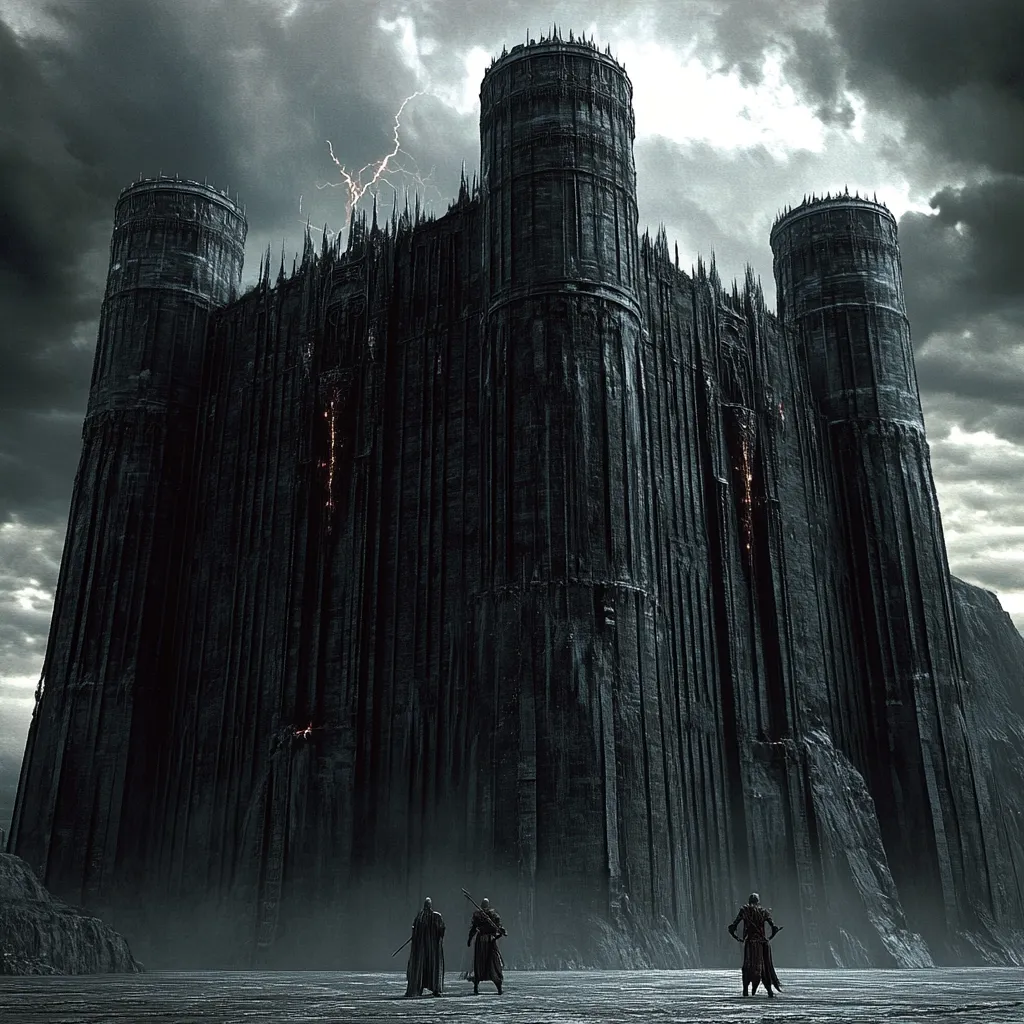 A colossal, dark fortress looms under a stormy sky, its imposing structure seemingly carved from a cliff face.  Three figures, clad in dark clothing, stand small in the foreground, dwarfed by the ominous castle.  Lightning streaks across the sky, adding to the dramatic and foreboding atmosphere.  The scene is evocative of a dark fantasy setting, perhaps a stronghold of evil.