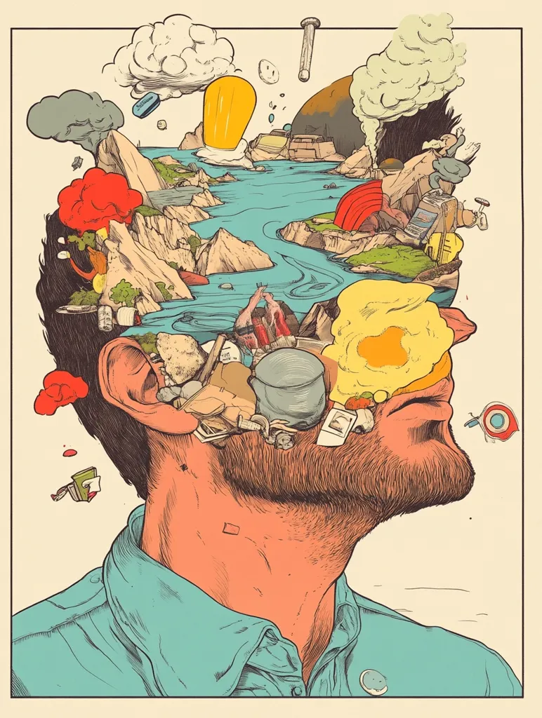 A stylized illustration depicts a man's head overflowing with a chaotic landscape.  A river winds through a miniature world of mountains, factories, and debris, all contained within his skull.  The man's expression is serene despite the internal turmoil, suggesting a complex interplay of internal and external pressures. The art style is detailed and employs a vibrant color palette, creating a striking visual metaphor.