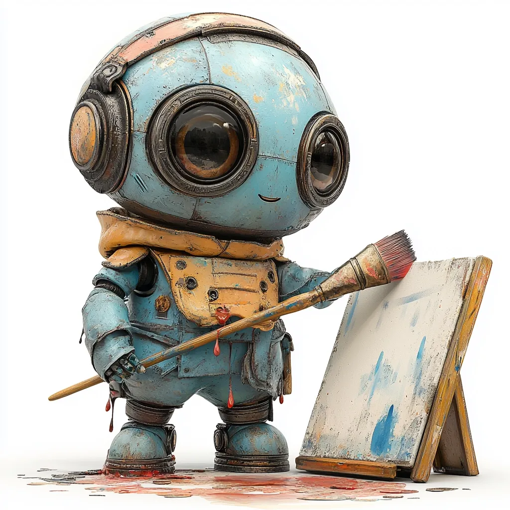 A charming, rusty blue robot, reminiscent of steampunk aesthetics, stands before an easel.  Large, expressive eyes peer from beneath a helmet-like head.  The robot delicately holds a paintbrush, splattered with red paint, to a blank canvas, creating a whimsical scene of artistic creation.  Its overalls and boots are similarly weathered, adding to its unique character.