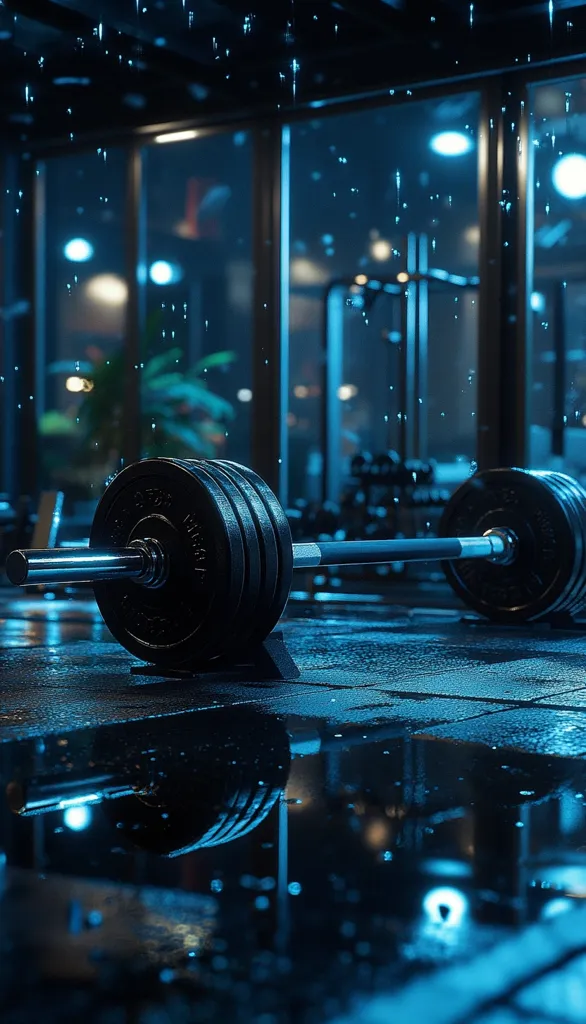 A heavy barbell rests on a wet gym floor, reflecting in a puddle under the rain.  The gym is dimly lit, with large windows showing a rainy night outside.  Raindrops fall through the air, creating a moody, atmospheric scene.  The overall color palette is dark blue and black, emphasizing the solitude and intensity of the setting.