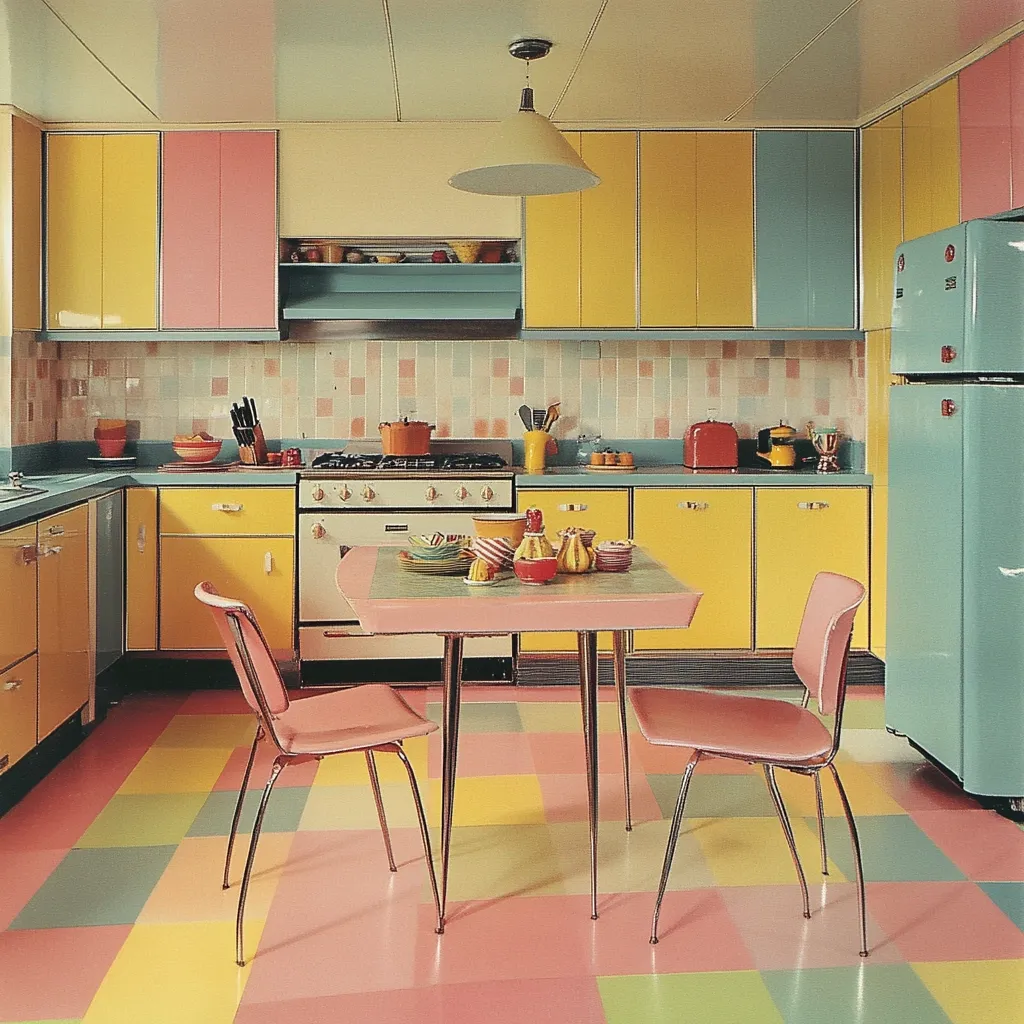 A retro 1950s kitchen boasts a cheerful color scheme of yellow, pink, and teal.  The cabinetry is sleek and modern for its time, complemented by a matching pastel checkered floor. A pink table sits in the center, surrounded by two pink chairs.  A teal refrigerator and a range complete the scene, showcasing the era's distinct aesthetic.  The overall impression is one of bright, playful, and optimistic design.