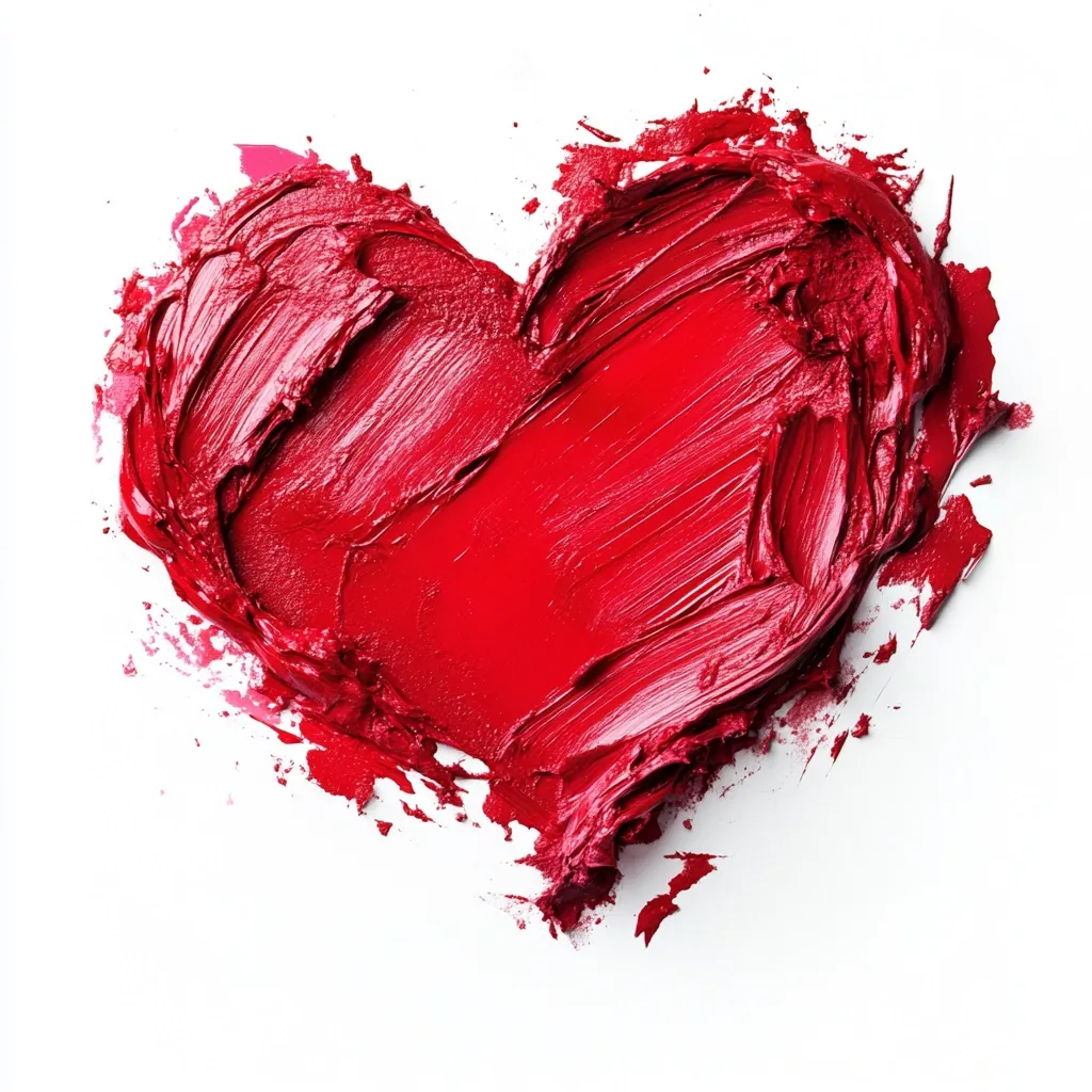 A vibrant red heart shape is formed from a textured smear of lipstick or paint against a stark white background.  The bold color and irregular strokes create a visually striking image, suggesting passion, love, or artistic expression. The texture is thick and creamy, showing visible brushstrokes or smearing.