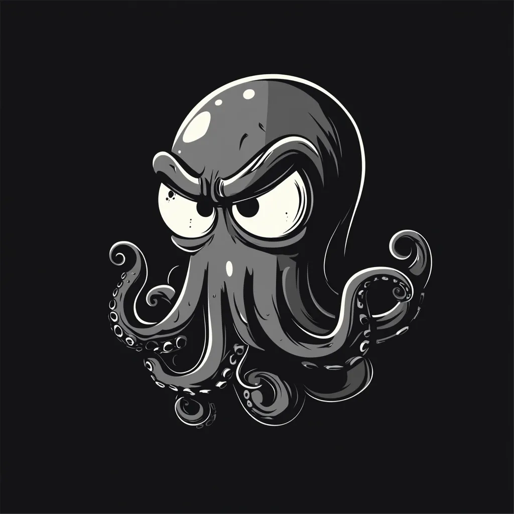 A monochrome illustration of a grumpy cartoon octopus.  Its large, expressive eyes are narrowed in anger, and its tentacles curl menacingly. The style is bold and graphic, with strong contrasts between light and dark grays, creating a striking image against the black background.  The overall impression is one of playful menace.