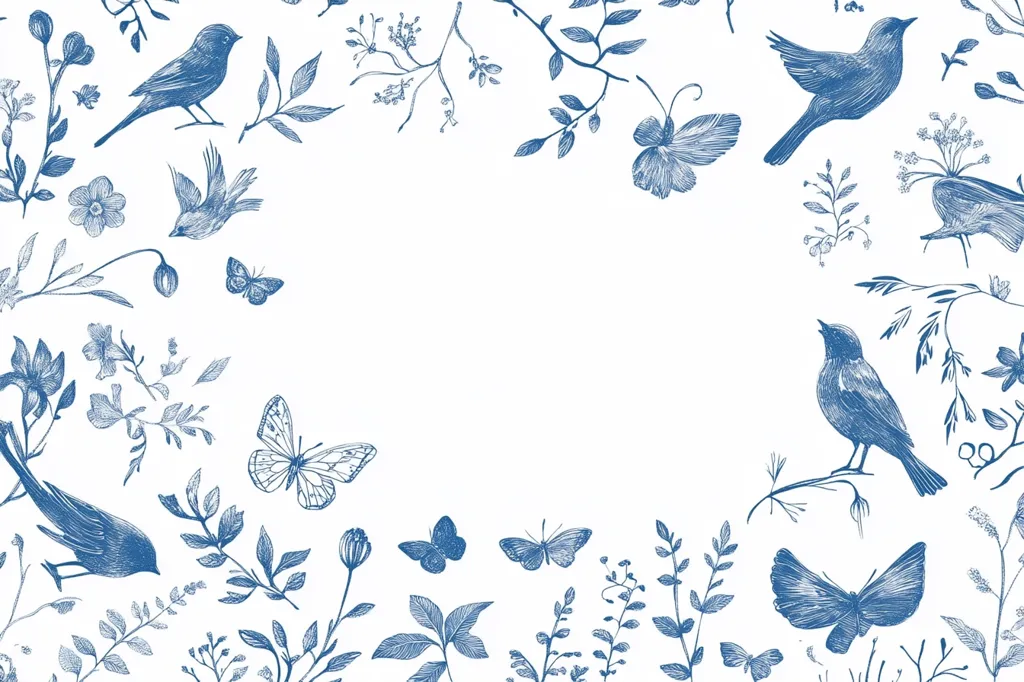 A charming border design features delicate blue illustrations of birds, butterflies, and various floral elements.  The intricate line drawings are arranged around a central white space, creating a frame perfect for invitations, announcements, or other stationery. The overall aesthetic is elegant and reminiscent of vintage botanical prints.  The blue hue gives a serene and calming feel.