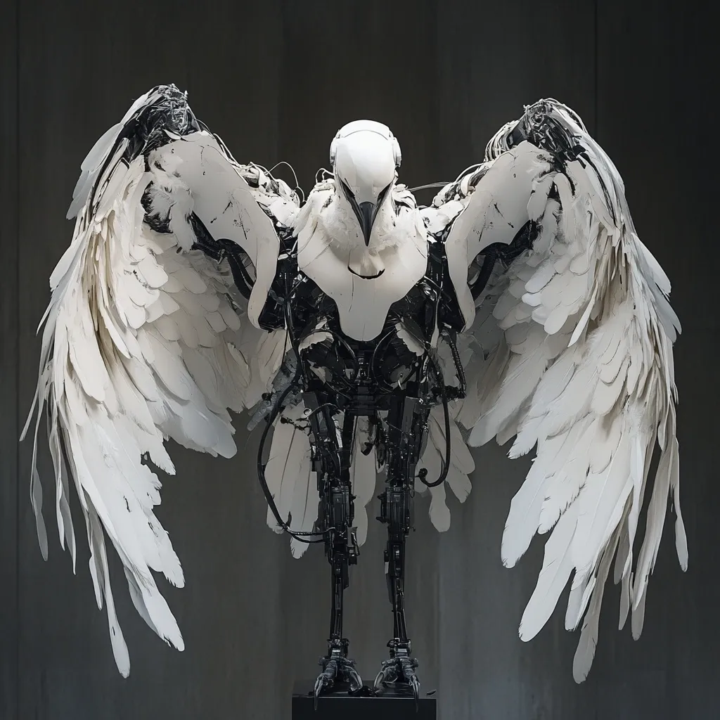 A striking robotic sculpture resembling a bird dominates the image.  Its body is a complex arrangement of dark mechanical components, contrasted by large, meticulously crafted white wings. The avian form is both futuristic and organic, blending technology and nature in a visually arresting piece of art. The sculpture's pose, with wings outstretched, suggests a moment of poised flight or contemplation.  The dark background emphasizes the intricate details of the artwork.