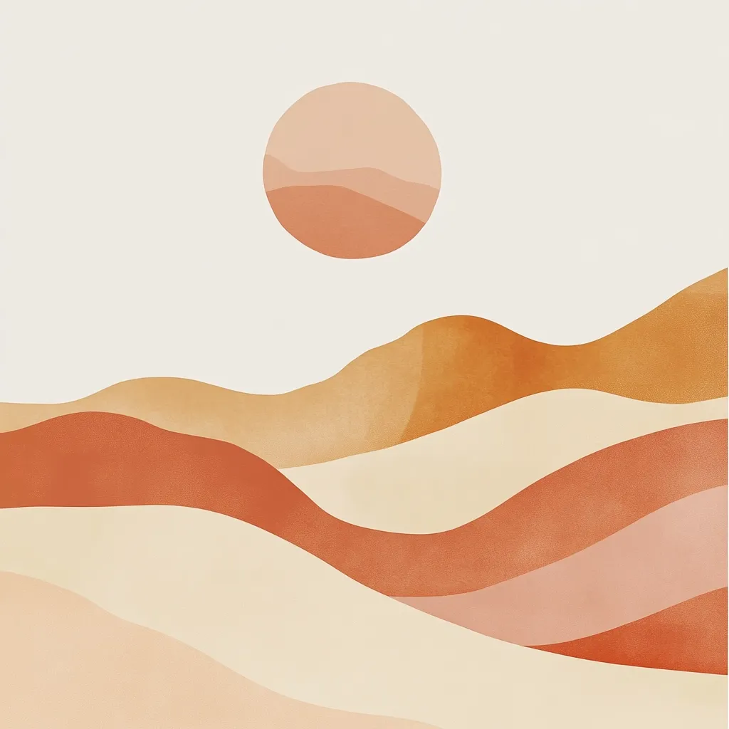 A minimalist art print depicts a stylized desert landscape.  Soft, earthy tones of peach, terracotta, and cream create rolling hills under a large, muted-orange sun. The abstract style emphasizes smooth curves and gradients, conveying a serene and calming atmosphere.  The piece evokes a feeling of warmth and tranquility.