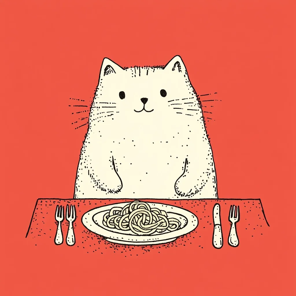A chubby, cartoon cat sits at a table set for one. A plate of spaghetti sits before it, and a knife and fork are placed neatly on the red tablecloth. The cat is drawn in a simple, line-art style with a slightly whimsical expression. The overall image is cheerful and playful.