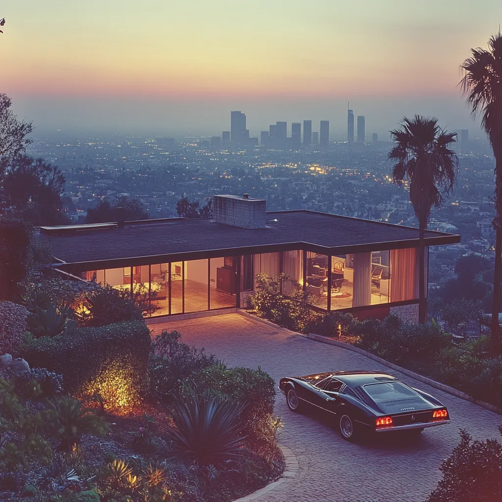 A modern, single-story house sits on a hilltop overlooking a sprawling city at twilight.  The house features large glass windows showcasing its warmly lit interior. A dark-colored sports car is parked in the driveway. Palm trees frame the scene, and the city lights twinkle in the distance, creating a sophisticated and idyllic atmosphere.
