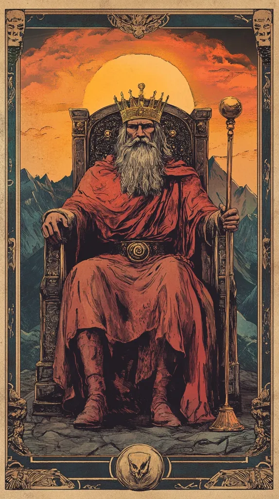 A regal depiction of a king seated on an ornate throne.  He wears a crimson robe, a golden crown, and holds a scepter.  His long white beard and stern expression convey wisdom and authority. The background features a dramatic sunset over a mountainous landscape, adding to the majestic ambiance. The style is reminiscent of vintage fantasy art, with rich textures and detailed embellishments.