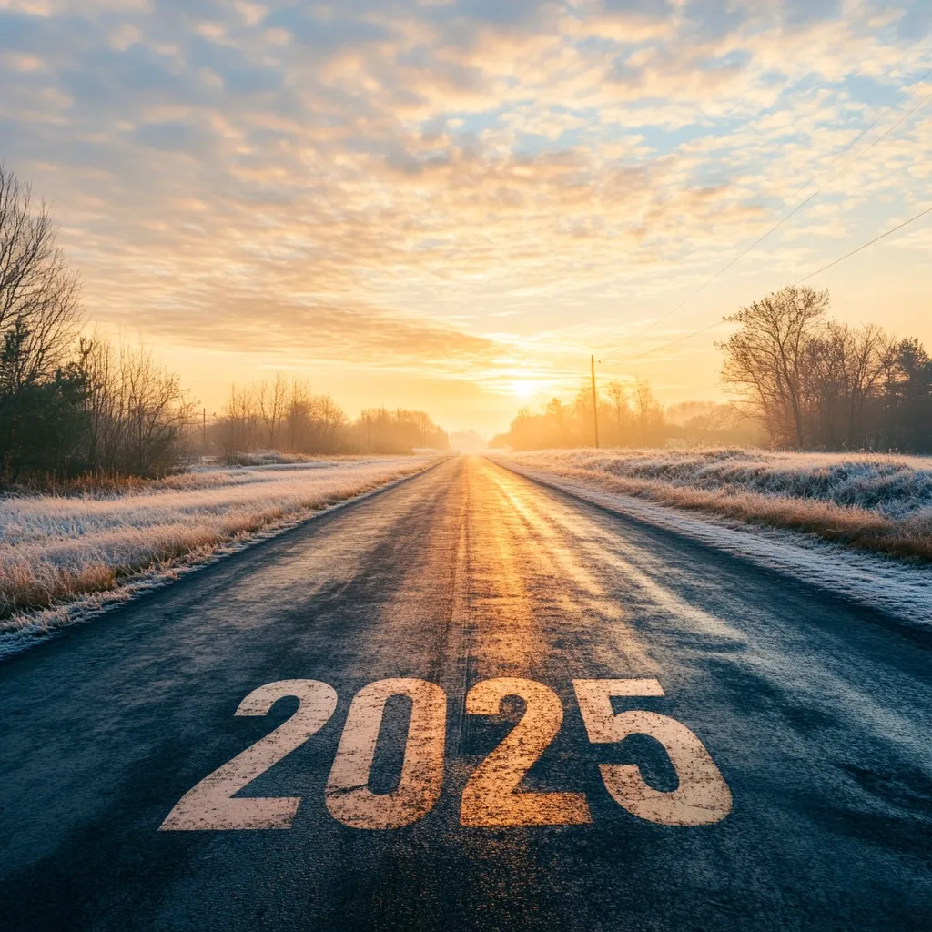 A long, frost-covered road stretches towards a vibrant sunrise.  The year "2025" is painted on the asphalt, symbolizing a journey into the future.  The scene evokes a sense of hope and new beginnings, with the warm sunrise contrasting the cool winter landscape.  Bare trees line the road, adding to the peaceful, yet forward-looking atmosphere.
