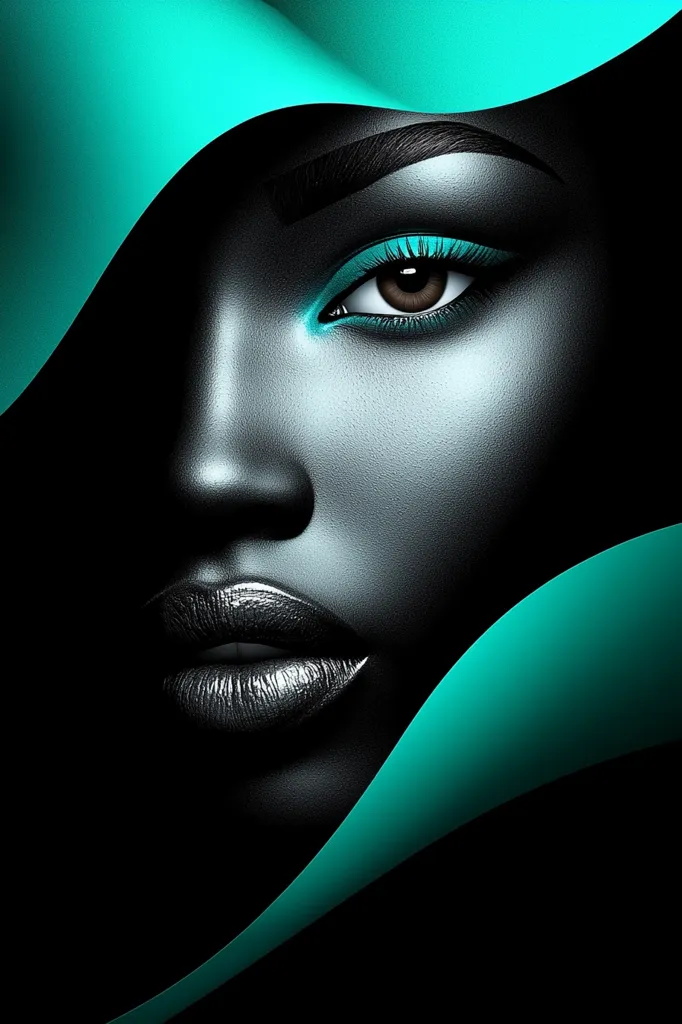 A close-up portrait of a woman's face, partially obscured by a teal abstract shape.  Her skin is dark, and she wears silver lipstick and eye makeup, complementing the teal. The image is dramatic, highlighting the contrast between the dark skin tones and the bright teal accent. The style is modern and artistic.