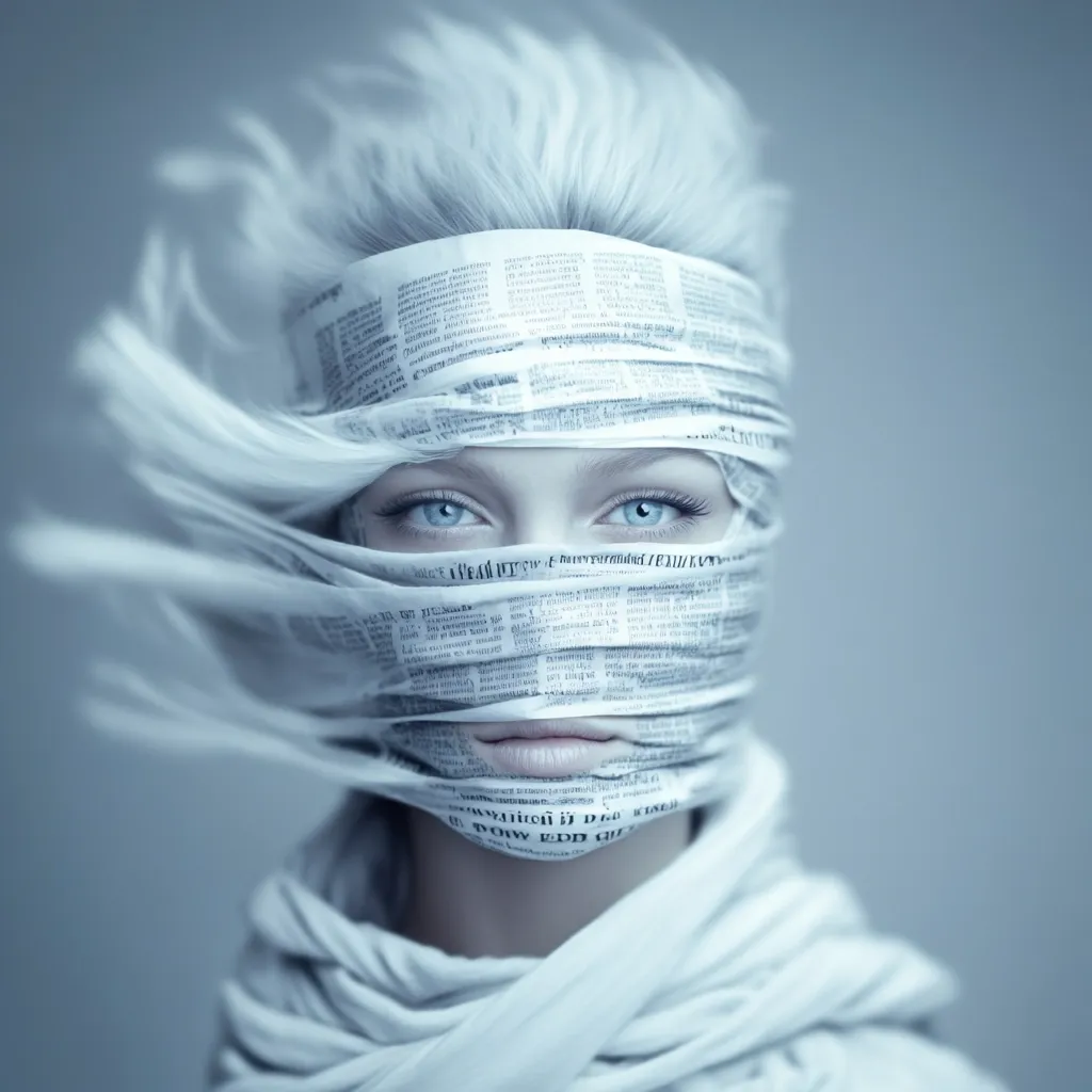 A woman with platinum blonde hair, styled in a windswept fashion, has her face partially obscured by strips of newspaper.  The newspaper acts as a mask, only her striking blue eyes are fully visible. She wears a flowing white scarf, creating a monochromatic, ethereal aesthetic. The image evokes a sense of mystery and concealment, suggesting themes of identity and information overload.