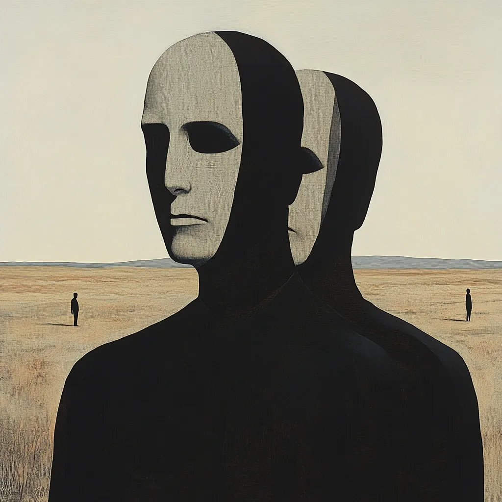 The artwork depicts two masked figures, their faces partially obscured, standing in a desolate landscape.  Two lone figures stand distantly in the barren field, creating a sense of isolation and contemplation. The stark color palette and minimalist style emphasize the feeling of solitude and the enigmatic nature of the masked figures.  The piece suggests themes of identity, anonymity, and the human condition.