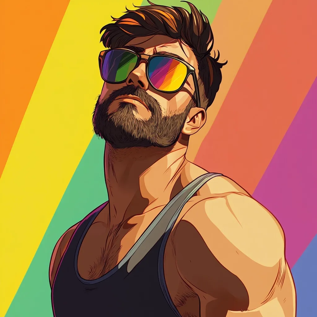 A stylized illustration of a muscular, bearded man wearing sunglasses.  His dark hair is styled upward, and he's dressed in a dark tank top. The background features vibrant rainbow stripes, suggesting a connection to LGBTQ+ pride. The image is bold and graphic in style, with strong lines and saturated colors.  His expression is one of quiet confidence and self-assuredness.