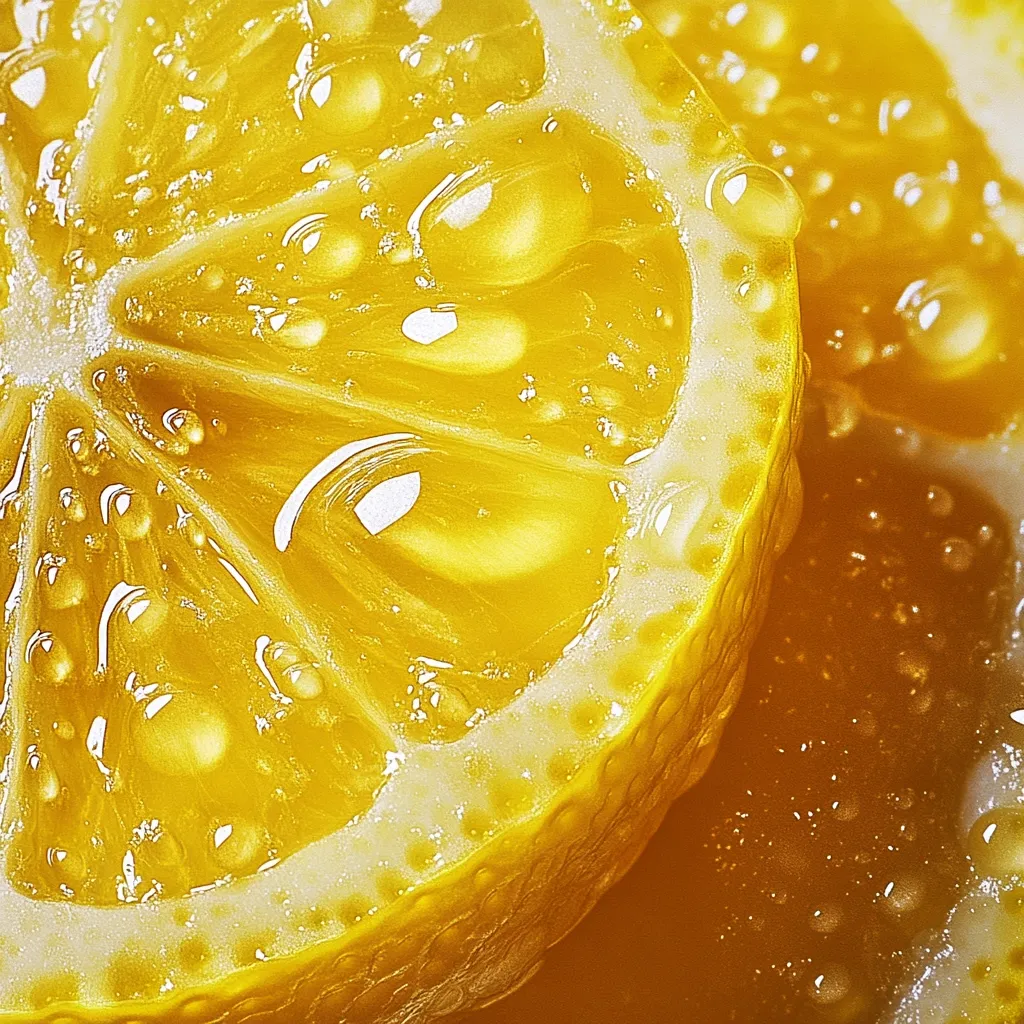 A close-up shot reveals two vibrant lemon slices, glistening with water droplets.  The juicy pulp is a rich, golden yellow, and the texture of the rind is clearly visible.  The image focuses on the detail of the lemon's segments and the glistening moisture, creating a refreshing and appetizing visual.