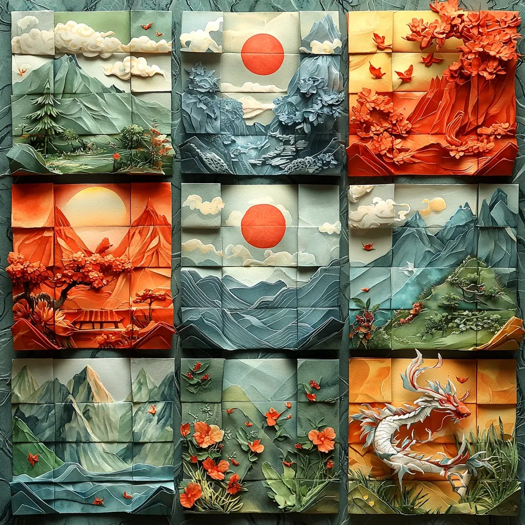 A meticulously crafted artwork depicting nine distinct scenes in a grid formation. Each square showcases a unique landscape, ranging from serene mountains and tranquil waters to vibrant sunsets and blossoming trees.  The style is reminiscent of traditional East Asian art, with a modern twist achieved through the use of layered paper, creating a three-dimensional effect. A majestic dragon graces the bottom right, adding a mythical element to the overall composition.