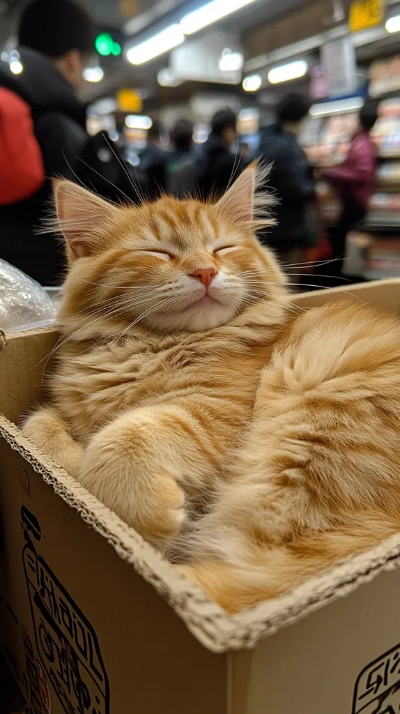 A fluffy ginger cat, eyes closed in peaceful slumber, rests contentedly inside a cardboard box.  The cat's paws are tucked neatly beneath its body. The background is blurred, suggesting a bustling indoor location, possibly a market or transit area. The overall scene is warm and inviting, showcasing the cat's calm repose.