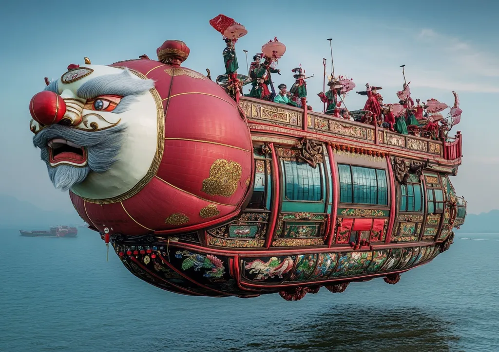 A fantastical, ornate red and gold vessel, resembling a giant lantern with a lion's head, floats serenely above calm blue water.  People in traditional Chinese attire are aboard.  Intricate carvings and vibrant colors adorn the vessel, which seems to defy gravity, creating a surreal and captivating scene.  A distant cargo ship provides scale to the image's otherworldly quality.