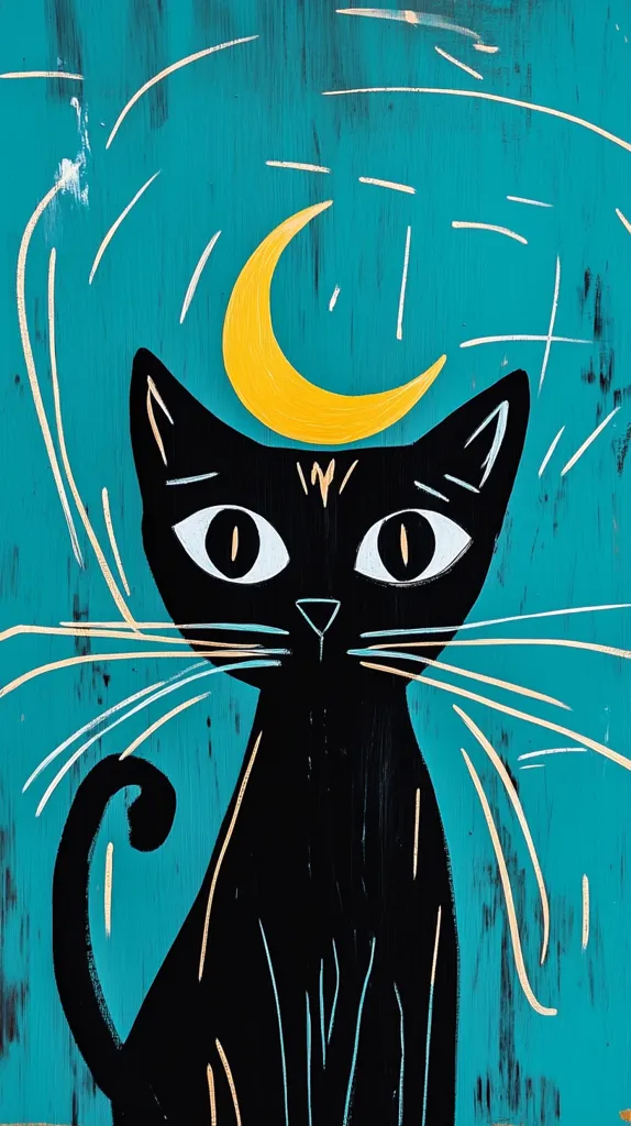 A stylized painting of a black cat sits against a teal background.  A yellow crescent moon sits atop the cat's head.  The cat's features are simplified, with large eyes and a curved tail.  White lines radiate outward from the cat, suggesting movement or energy. The style is reminiscent of mid-century modern art. The background has a textured, possibly wood-paneled, appearance.