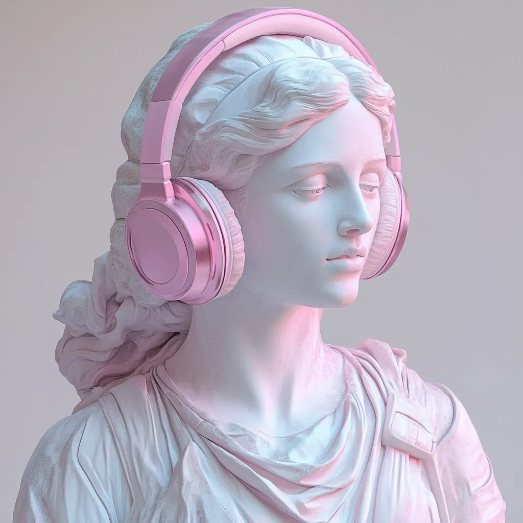 A classical marble bust of a woman, rendered in soft pink hues, wears modern rose-gold headphones.  The juxtaposition of ancient sculpture with contemporary technology creates a surreal and aesthetically pleasing image.  The woman's serene expression contrasts with the implied dynamism of music.  The overall effect is one of timeless beauty infused with modern sensibility.