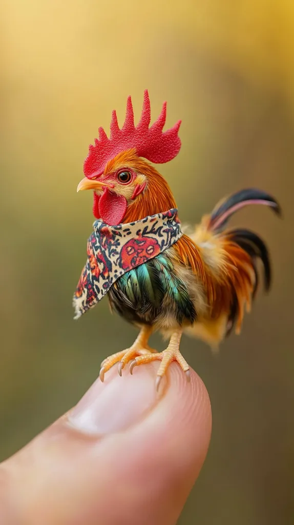 A miniature rooster, adorned with a colorful bandana, perches delicately on a human finger.  Its vibrant red comb and bright plumage contrast beautifully against the soft, blurred background.  The tiny bird appears calm and comfortable in its unusual position, creating a charming and whimsical image.