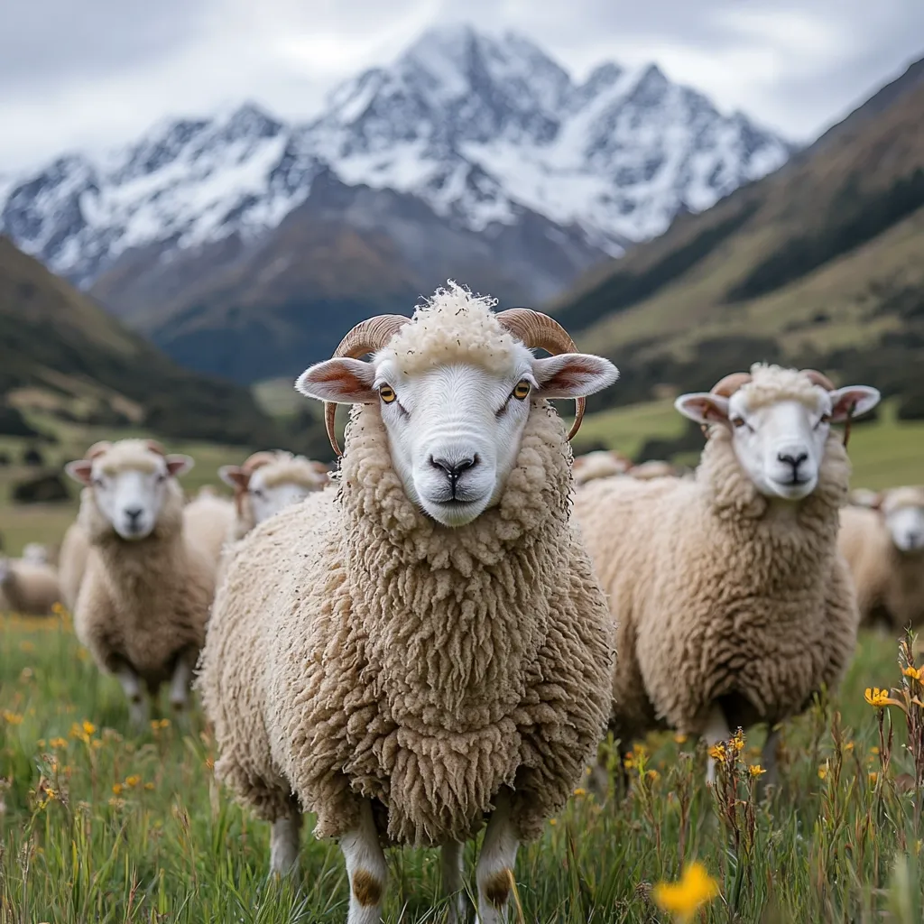 A ram stares directly at the camera, positioned in the foreground of a flock of sheep grazing in a lush green field.  The majestic snow-capped mountains form a stunning backdrop. The ram's thick, light beige fleece contrasts beautifully with the vibrant wildflowers and the imposing mountain range.  The scene evokes a sense of tranquility and the beauty of a rural landscape.